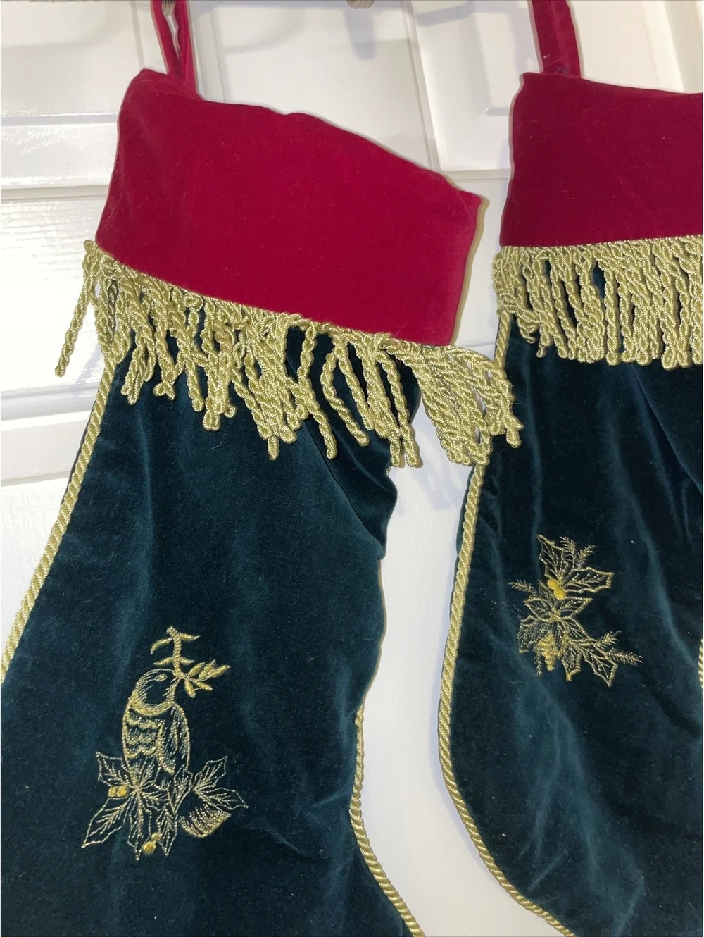 Velvet Green Christmas Stockings Gold Cord Trim Gold Stitched Bird Poinsettias